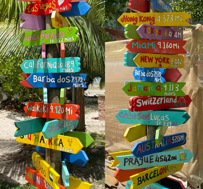 Two different images of signposts showing the distance of the signpost from different locations.