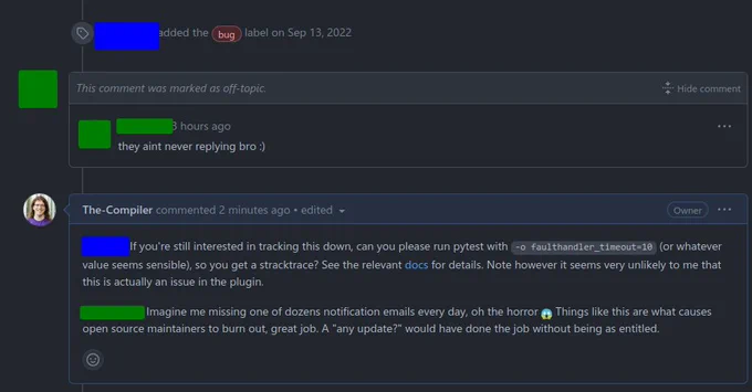screenshot of the two final comments here: https://github.com/The-Compiler/pytest-xvfb/issues/31