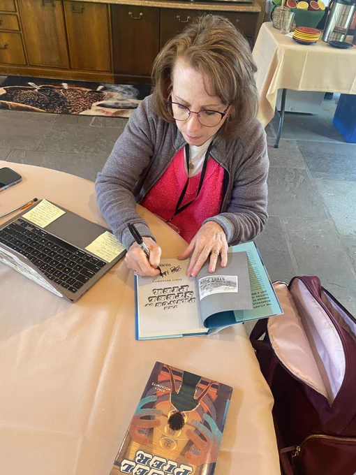 Here is Stacy Nockowitz signing a copy of her debut novel (The Price of Steel Pier) for The Highlights Foundation's library while she was on campus this week.
