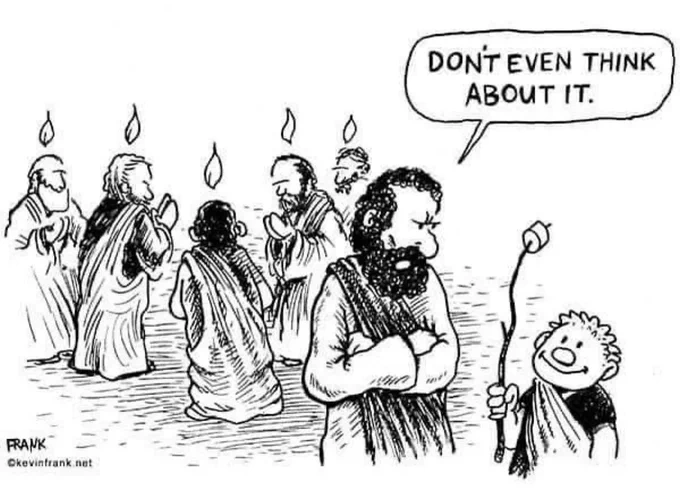 Cartoon of disciples with a tongue of flame above each of them, andPeter is saying to a boy with a marshmallow on a stick - “Don’t even think about it.”