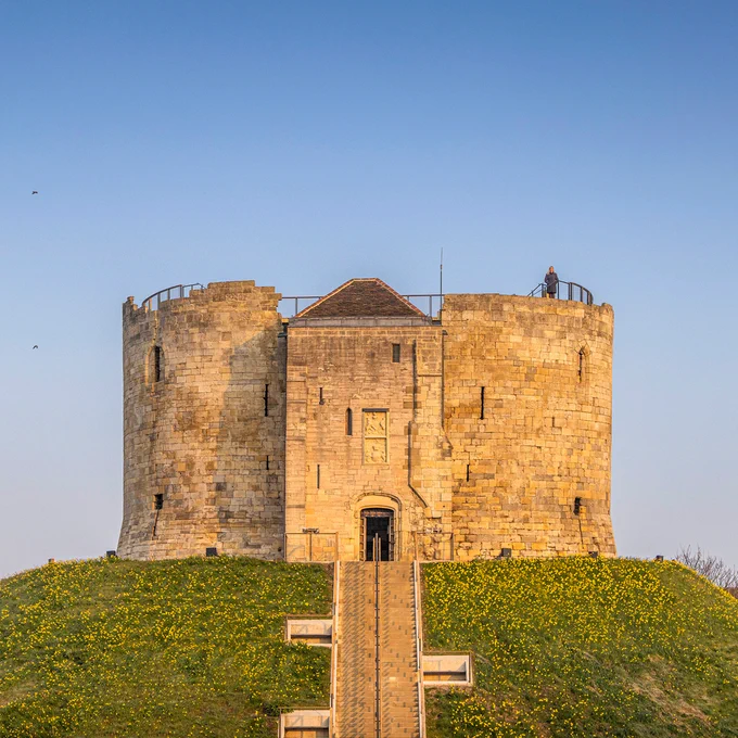 An image of a round tower atop a mound that is covered in daffodils. There are steps leading up the centre of the hill to the arched entrance, and visitor is stood on the roof deck on top of the building.