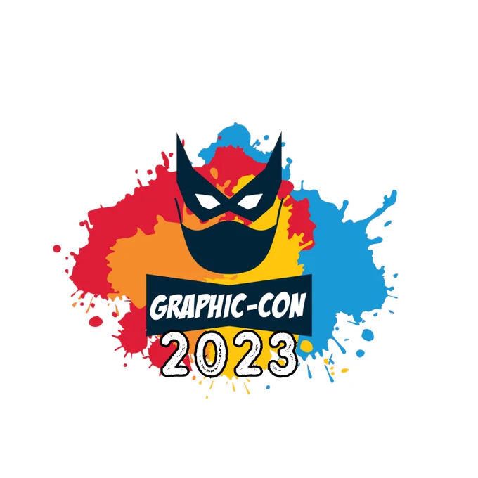 The Sudbury Graphic-Con logo is made up of paint splatter patterns in red, orange, yellow, and a sky blue with a superhero mask covering the mouth and area around the eyes in a dark navy blue.  Below the mask is a box tie shaped back drop with, "Graphic-Con" written in white over it.