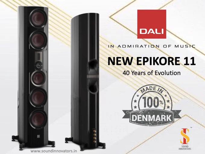 The DALI EPIKORE 11 is the continuation of a rich bloodline of high-end DALI loudspeakers. From the DALI 40 SE and MegaLine to the EUPHONIA, EPICON, and DALI current high-end flagship, the DALI KORE,

The large, floor-standing DALI EPIKORE 11 has been designed, tested, and built by DALI in Denmark. Every element, from the four 8-inch bass drivers, newly developed 6½-inch EPIKORE midrange, and our advanced  EVO-K Hybrid Tweeter module, delivers an effortless high-end performance.

The DALI EPIKORE 11 cabinet is the epitome of advanced high-end design. From the elegantly curved cabinet, real wood veneer, and sumptuous piano-finish lacquering, to the solid and inert enclosure, the DALI EPIKORE 11 is an aesthetic and acoustic masterpiece.

Bridging the gap between the DALI EPICON series and DALI KORE, the DALI EPIKORE 11 incorporates many of the groundbreaking technologies from the DALI flagship speaker and sets new standards for high-end, low-distortion loudspeaker design.