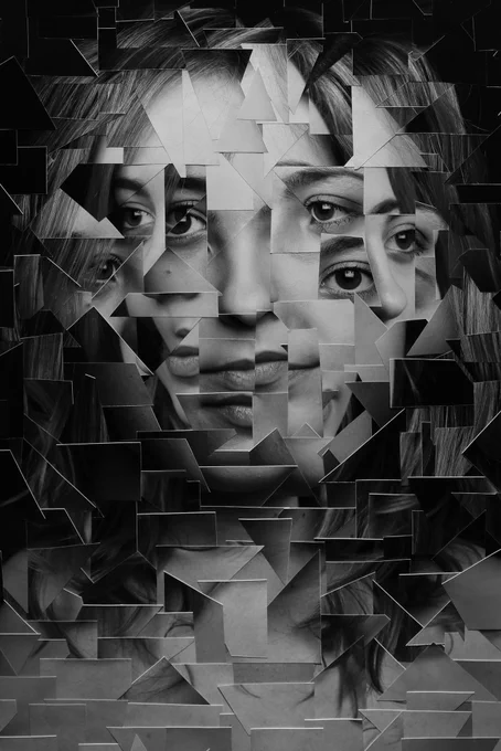 Artwork by Ashleigh Spice is a mixed media piece with photography and collage. It shows a self portrait in black and white photography which has been cut up and re-formed in a complex collages grid. Key features show the eyes and mouth repeated.