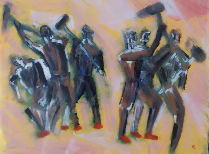 Sergey Dobrynov’s artwork shows a painting on glass, it depicts many people in multiple poses moving about the art.