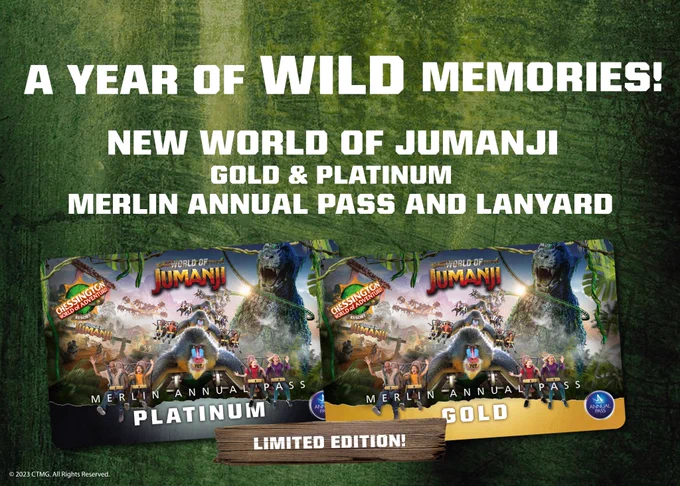 A graphic of two Merlin Annual Passes that are themed with World of Jumanji branding. They feature an image of Mandrill Mayhem, the rollercoaster, alongside the World of Jumanji logo and Merlin Annual Pass Logo. The text reads 'A year of wild memories! New World of Jumanji old and platinum Merlin annual pass and lanyard. Limited edition'