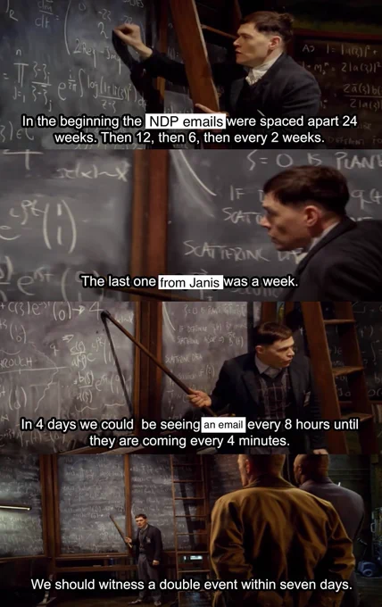 A scientist from Pacific Rim stands at a chalkboard, explaining. The dialogue reads:

In the beginning the NDP EMAILS were spaced apart 24 weeks. Then 12, then 6, then every 2 weeks. 

The last one FROM JANIS was a week. 

In 4 days we could be seeing AN EMAIL every 8 hours until they are coming every 4 minutes.

We should witness a double event within seven days.