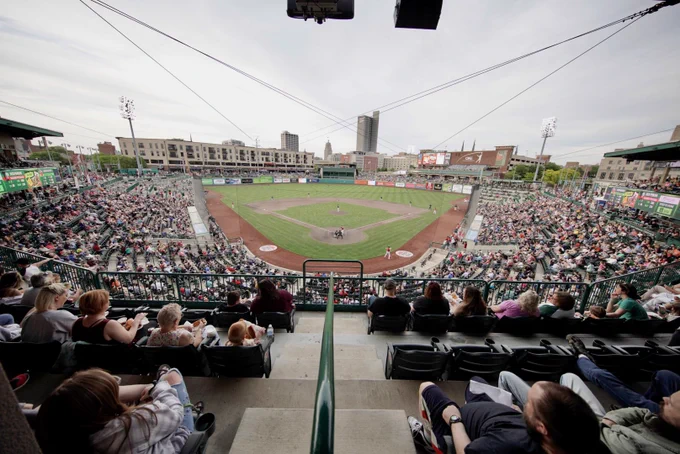 View of Parkview Field and Downtown Fort Wayne skyline from upstairs behind home plate