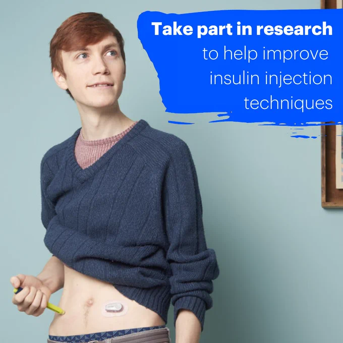A photo of a person injecting insulin with text reading: Take part in research to help improve insulin injection techniques.