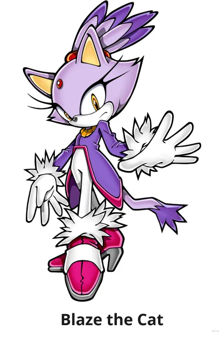 Blaze the Cat from Sonic Rush. A lilac, anthropomorphic cat with a high ponytail held with a red ring, matching the red dot on her forehead. She's wearing a purple coat over white tights, ending in fluffy fur patches on her wrists and ankles, and magenta heels. She's twisting at the waist, back foot facing forward, with one hand reaching out towards the camera.