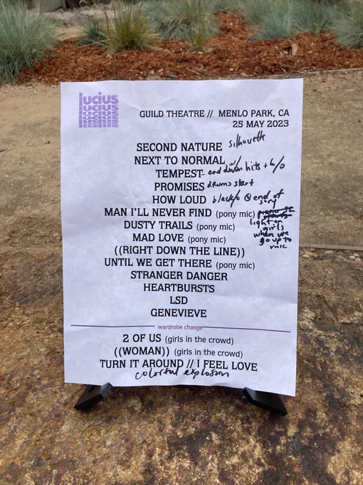 A band setlist of songs from Lucius’ May 25, 2023 concert at The Guild Theatre in Menlo Park, CA with some production notes; DM me if you’d like the names and order of the specific songs