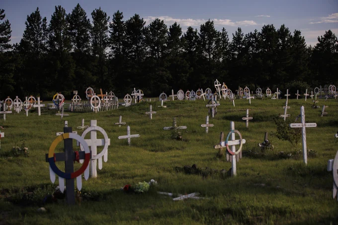 MASKWACIS, AB - JULY 23: Marked graves are seen in the Ermineskin Cemetery as the community braces for Pope Francis' visit, in Maskwacis, Canada. Pope Francis will land in Canada on July 24 and meet with indigenous communities and try to reconcile the harm the church run residential schools caused the indigenous people in Canada. 