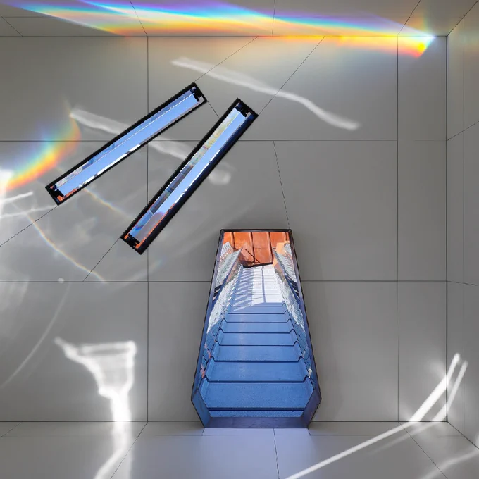 In a white cube, facing a doorway to outside. There are two large rectangular prisms mounted on the wall above. Sunlight is striking through the prisms, projecting white light and rainbow-like reflections across the interior walls.