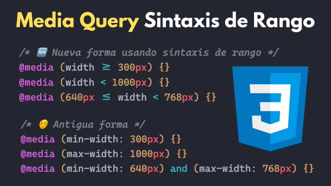 Título: Media Query Sintaxis de Rango.

Aparece el código CSS siguiente:

/* 🆕 Nueva forma usando sintaxis de rango */
@media (width >= 300px) {}
@media (width < 1000px) {}
@media (640px <= width < 768px) {}

/* 👴 Antigua forma */
@media (min-width: 300px) {}
@media (max-width: 1000px) {}
@media (min-width: 640px) and (max-width: 768px) {}