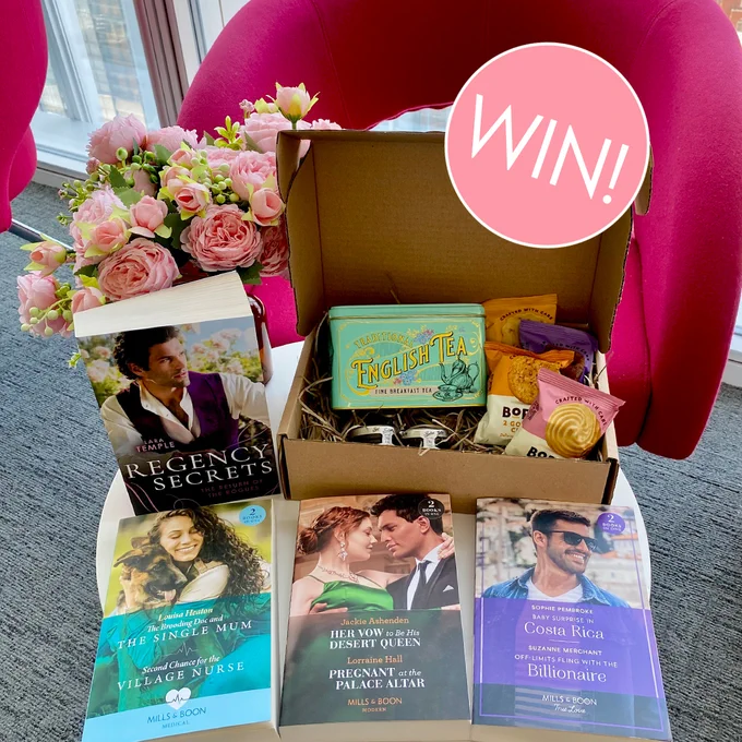 Photo of a hamper with tea, biscuits and jams as well as four Mills & Boon books