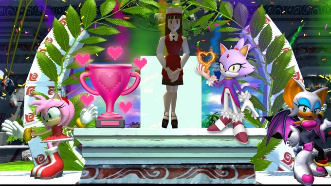Victory podium for the ultimate sonic character bracket, showing Amy Rose and Rouge the Bat in 3rd place, Blaze the Cat in 2nd, and Burger Shop Worker Girl in first with a large pink trophy.
