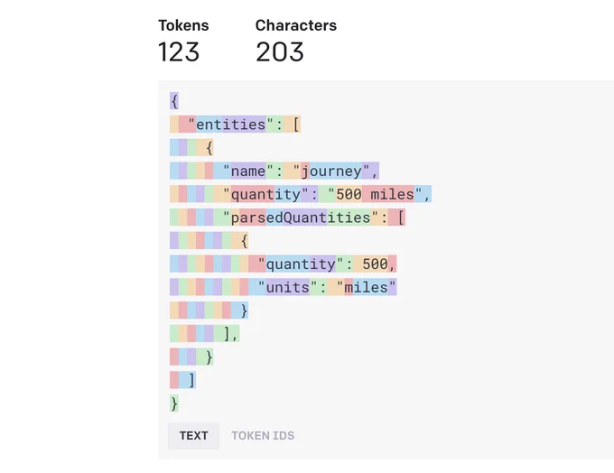 A tokenized JSON snippet, where each space is designated its own token