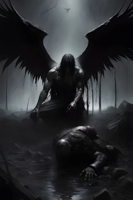 PLAY WITH PROMPT: dark illustration of the spirit of a fallen angel, tired, defeated and wounded, beaten and injured in puddles of blood in the sewer, visible Dimples, frazetta, Vallejo, toppi, morpheus, rich vibrant, highly detailed, rim light - 512x768  - Upscale: RealESRGAN - Model:Dreamshaper - Seed: 4066857314