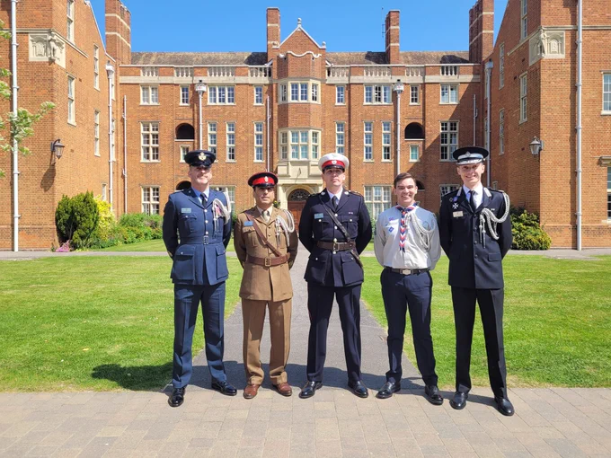 The Lord Mayor’s 5 Aide-de-Camps stood in line in front of a school boarding house. Left to right ADCs for the Air Training Corps, Army Cadet Corps, Sea Cadet Corps, The Scouts and St John Ambulance.