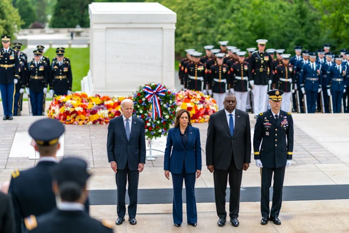 Vice President Kamala Harris, President Joe Biden, Secretary of Defense Lloyd Austin, and Major General Allan Pepin commemorate fallen soldiers in Arlington National Cemetery on Memorial Day.