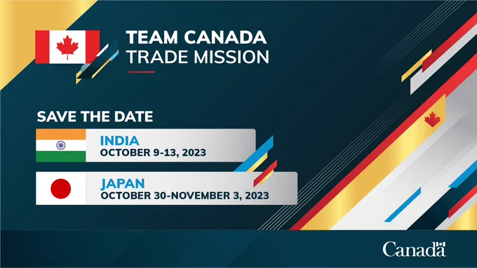 Dark blue background with the Canadian flag in the upper left corner. White text reads "Mission Commerciale d’équipe Canada" in the centre. Below is blue and black text on a white background that reads "Save the date: India October 9 to 13 2023 and Japan October 30 to November 3, 2023."