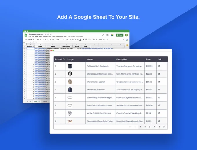 Two different site pages show how you can use the Google Sheets app by MarketPushApps on the Wix App Market. One page shows a Google spreadsheet, and the other page shows how you can use the Google Sheets app to display that spreadsheet as a table on your Wix site.