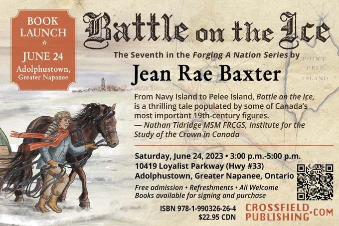 Book launch invitation Jean Rae Baxter June 2023 for Battle On the Ice historical novel.