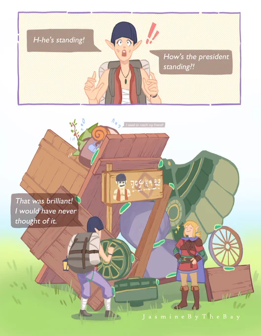 "H-he's standing!" Addison yells. "How's the president standing!!"
"That was brilliant I would have never thought of it." Addison praises, as a proud Link dressed in his traveler's set stands with his hands on his hips. Behind them is one of Hudson's signs, propped up with glued-together scaffolding made of the following:
- 1 large rectangular wood plank
- 2 small rectangular wood planks
- 2 zonai fans
- 1 wood beam
- 1 zonai wing glider
- 1 normal wheel
- 1 L-shaped wood piece
- 2 boulders
- 1 backpack korok trying to reach its friend