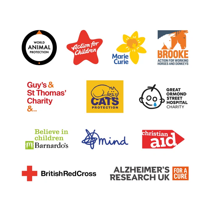 Charity logos including World Animal Protection, Action for Children, Marie Curie, Brooke, Guy's & St Thomas', Cats Protection, Great Ormond Street Hospital, Barnardo's, Mind, Christian Aid, British Red Cross and Alzheimer's Research UK