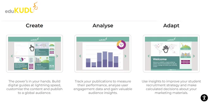 Three device screens showing Create, Analyse and Adapt as being the functionality of theRACK by eduKUDU. 
1/ Create | The power's in your hands. Build digital guides at lightning speed, customise the content and publish to a global audience.
2/ Analyse | Track your publications to measure their performance, analyse user engagement data and gain invaluable audience insights.
3/ Adapt | Use insights to to improve your student recruitment strategy and make calculated decisions about your marketing materials.
