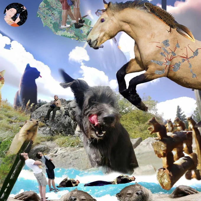 Colage of pics featuring various humans, cats, a dog and a hourse jumpin over water // Pic by JZ; MD and AI