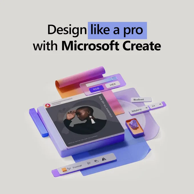 A light grey background with a layered logo design shown in fragments and the following copy: "Design like a pro with Microsoft Create"
