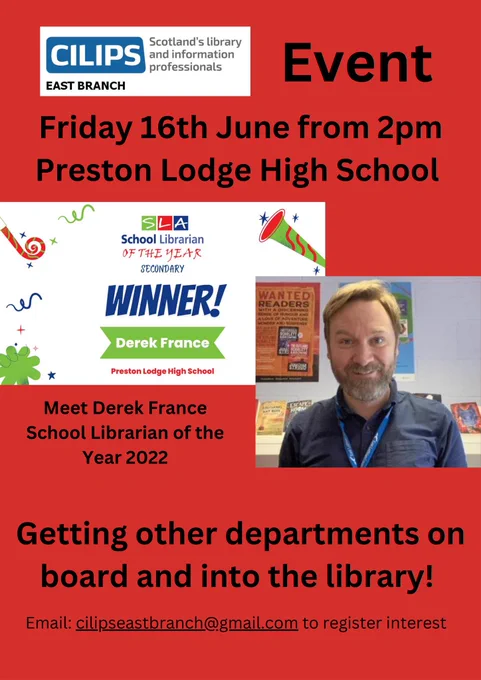 Flyer of EB event showing a photo of Derek in a blue shirt in his school library. Event is happening at 2pm on Friday 16th June