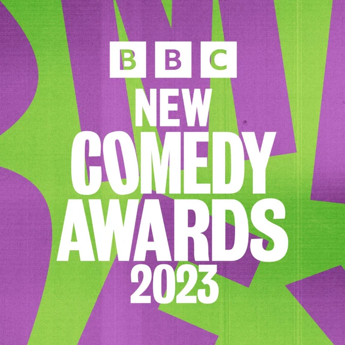 BBC New Comedy Awards 2023 in white bold text. Green background with zoomed in purple letters spelling comedy
