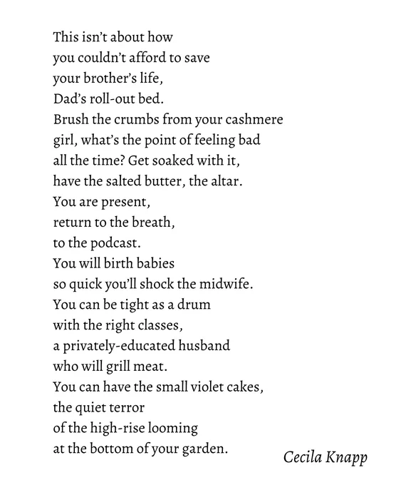  This isn’t about how
 you couldn’t afford to save
 your brother’s life,
 Dad’s roll-out bed.
 Brush the crumbs from your cashmere
 girl, what’s the point of feeling bad
 all the time? Get soaked with it,
 have the salted butter, the altar.
 You are present,
 return to the breath,
 to the podcast.
 You will birth babies
 so quick you’ll shock the midwife.
 You can be tight as a drum
 with the right classes,
 a privately-educated husband
 who will grill meat.
 You can have the small violet cakes,
 the quiet terror
 of the high-rise looming
 at the bottom of your garden.
Cecilia Knapp