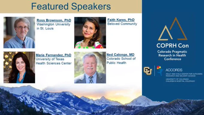 Photos taken of four speakers for COPRH con with names and affiliations.