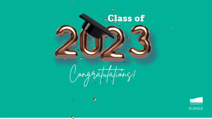 Text reading: Class of 2023. Congratulations! Memorial University Science Logo. Graduation cap and confetti.