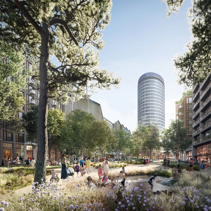 Artist impression of Birmingham city centre with Rotunda in background with trees and water features. 
