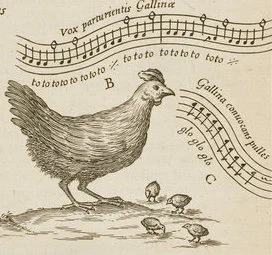 Image of a chicken pecking the ground, from a music score, 1650.  59.e.19.