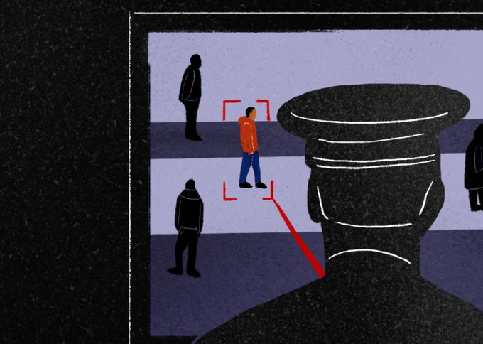 Artistic depiction of a person being scanned by a police officer. The person stands wearing a red shirt and blue pants surrounded by a red box that connects back to a police officer in all black. 