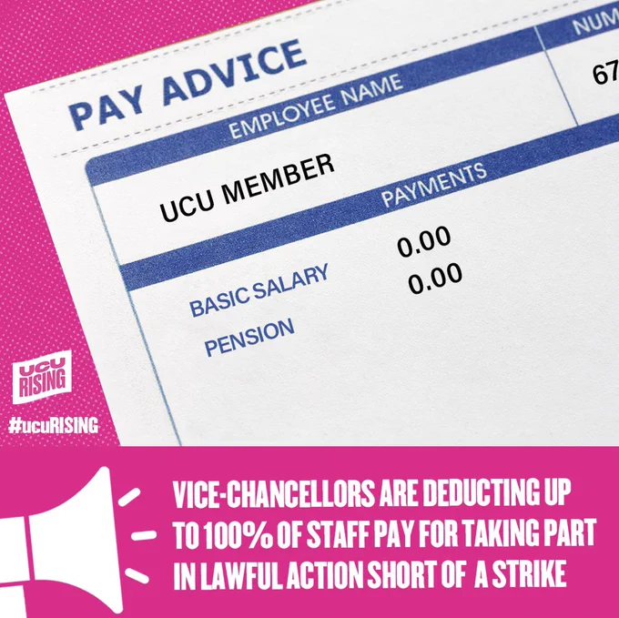 An graphic of a members payslip with 100% salary deduction for taking part in the marking and assessment boycott