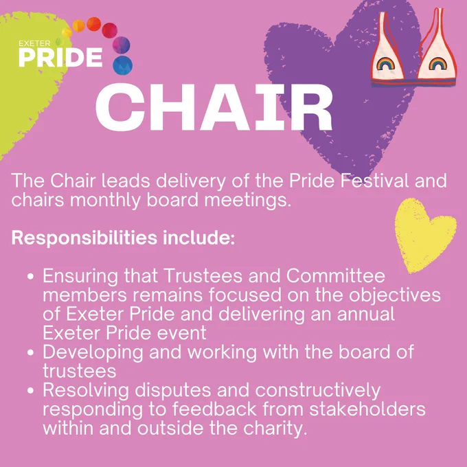 Chair - The Chair leads delivery of the Pride Festival and chairs monthly board meetings.   

Responsibilities include:

Ensuring that Trustees and Committee members remains focused on the objectives of Exeter Pride and delivering an annual Exeter Pride event
Developing and working with the board of trustees
Resolving disputes and constructively responding to feedback from stakeholders within and outside the charity.
