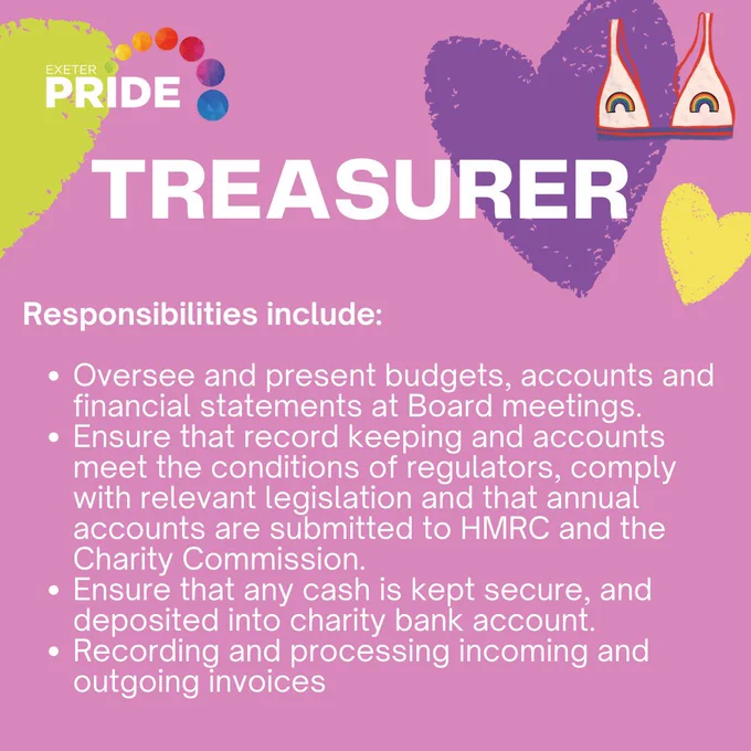 Treasurer - 
Responsibilities include:

Oversee and present budgets, accounts and financial statements at Board meetings.
Ensure that record keeping and accounts meet the conditions of regulators, comply with relevant legislation and that annual accounts are submitted to HMRC and the Charity Commission.
Ensure that any cash is kept secure, and deposited into charity bank account.
Recording and processing incoming and outgoing invoices