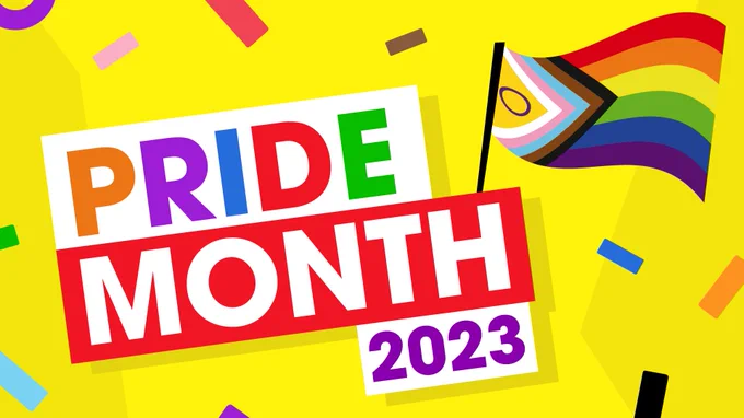 Pride Month 2023
A pride flag on a yellow background with rainbow confetti