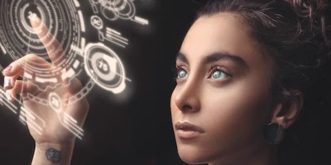 Futuristic woman interacting with an advanced visual user interface