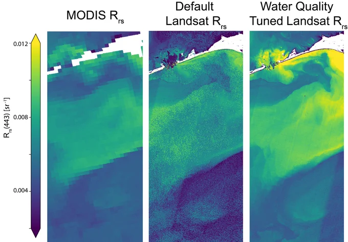 Comparison of low-resolution MODIS remote sensing reflectance with the default Landsat product and a Landsat image tuned for water quality.