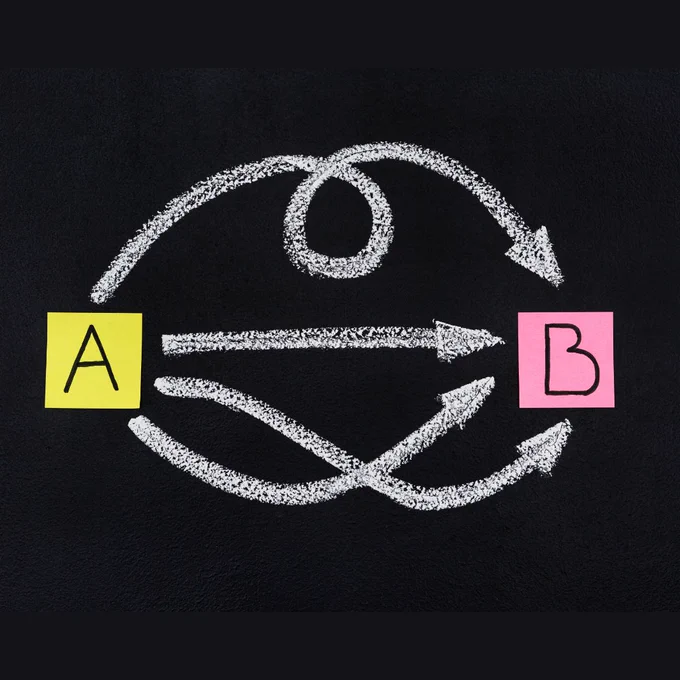 Coloured squared labelled A (yellow) and B (pink) with three chalk arrows of varying directions travelling between them. 