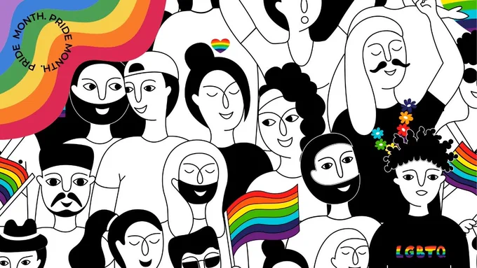 black and white cartoon of people at a Pride event with rainbow flags and LGBTQ  shirts