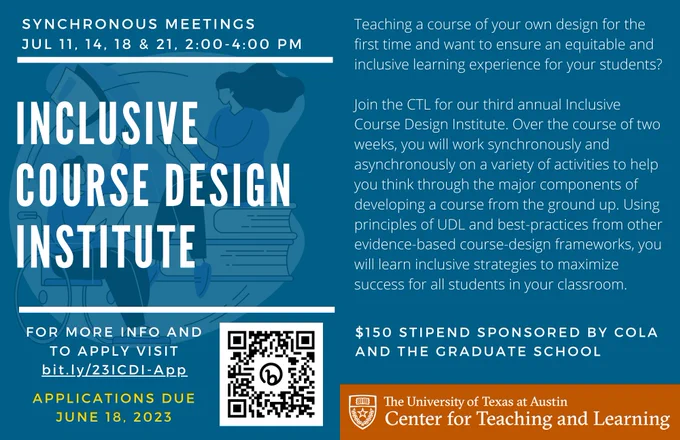 Blue graphic with white text, a QR code, and the orange and white CTL/UT Austin signature logo. Information: bit.ly/23ICDI-App. 