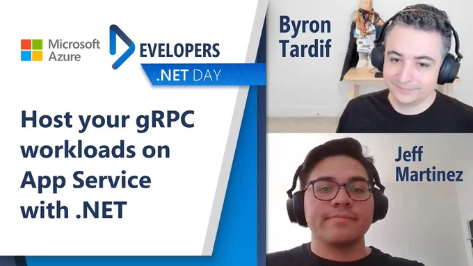 Text reads: #Azure Developers #dotNET day - host your gRPC workloads on App Service with .NET